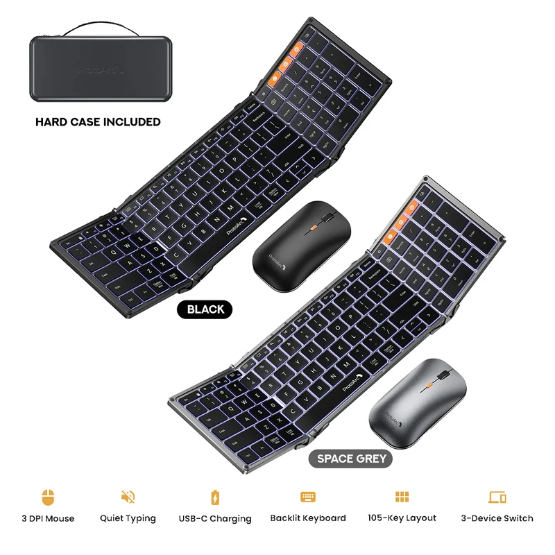 ProtoArc XKM01 Pro Backlit Foldable Full-Size Keyboard and Mouse Combo (Black, Space Grey) (CP017027, CP017025)