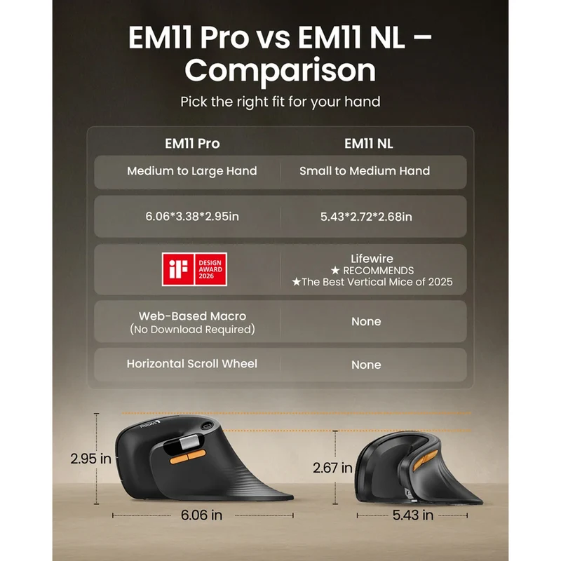 ProtoArc EM11 Pro Dual-Mode Ergonomic Vertical Mouse (Black) (CP017199)