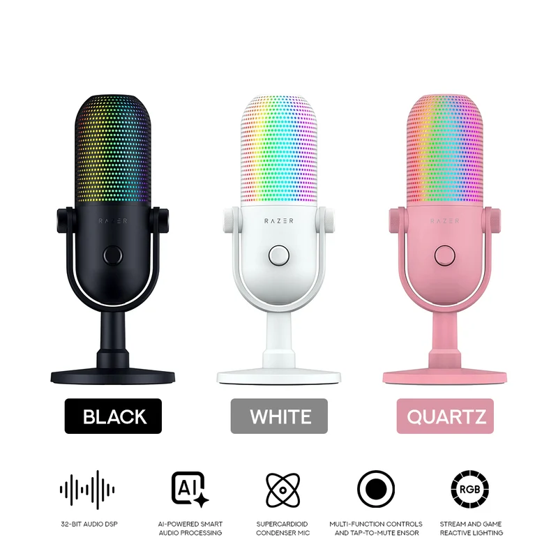 Razer Seiren V3 Chroma 32-Bit DSP RGB USB Microphone (Black, White, Quartz)