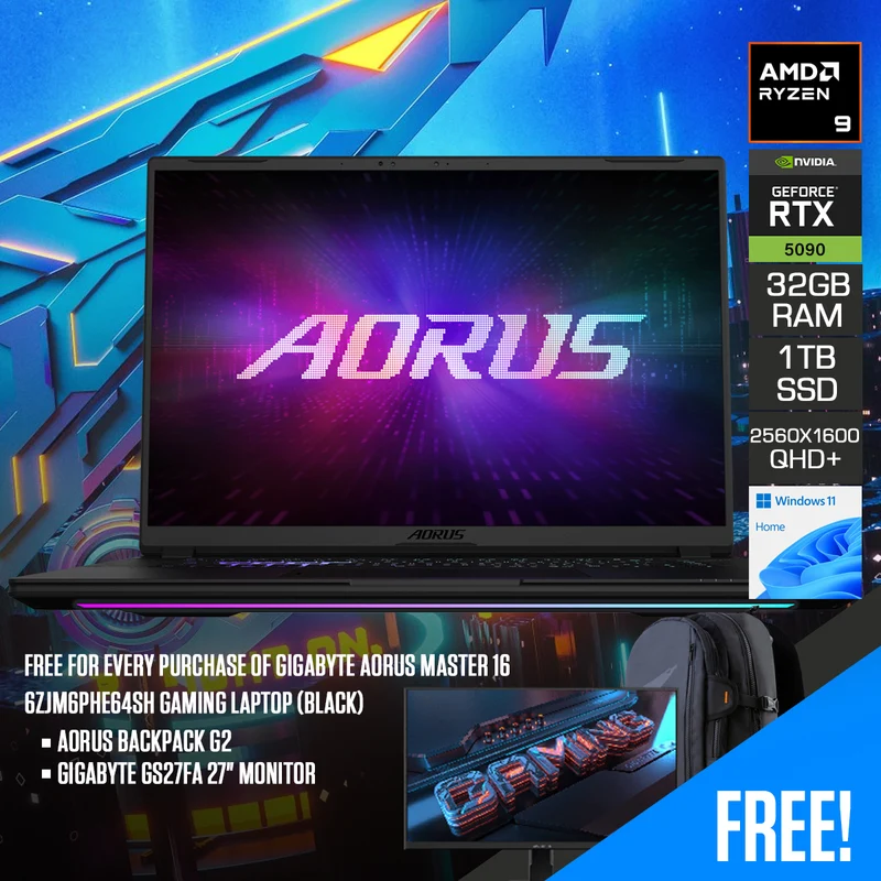 Gigabyte Aorus Master 16 6ZJM6PHE64SH Gaming Laptop (Black) | 16" QHD+ (2560x1600) 240Hz OLED | Ryzen 9 9955HX3D | 16GBx2 RAM | 1TB SSD | RTX 5090 24GB | Windows 11 Home | Aorus Backpack G2 + Gigabyte GS27FA 27" Monitor