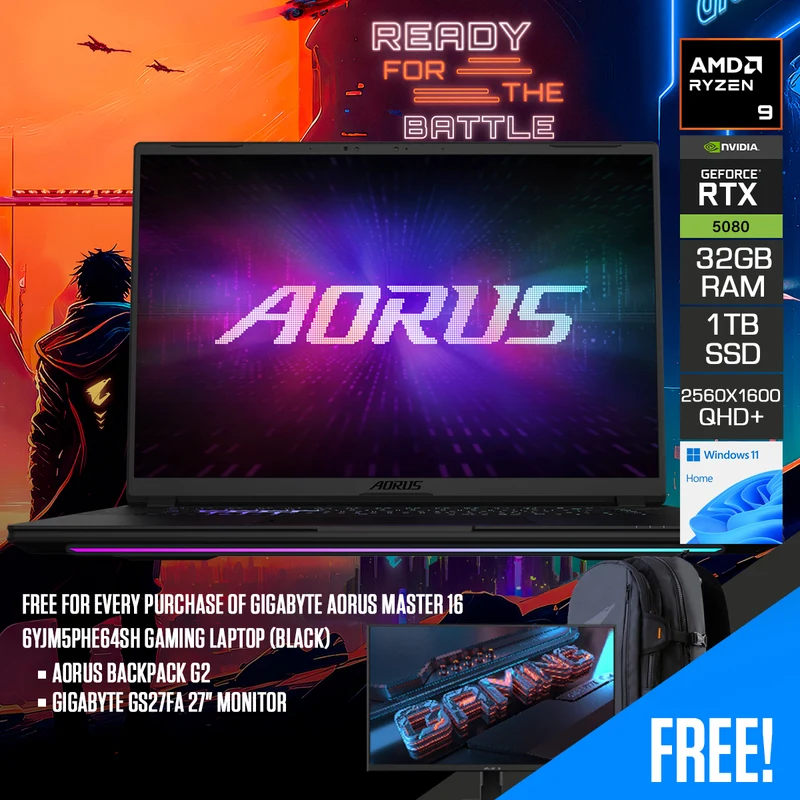 Gigabyte Aorus Master 16 6YJM5PHE64SH Gaming Laptop (Black) | 16" QHD+ (2560x1600) 240Hz OLED | Ryzen 9 9955HX3D | 16GBx2 RAM | 1TB SSD | RTX 5080 16GB | Windows 11 Home | Aorus Backpack G2 + Gigabyte GS27FA 27" Monitor