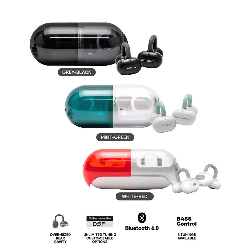 Moondrop Pill Open Ear Clip AI ENC HiFi Sound IPX4 OWS Ear-clip Earbuds (MD-OWS-003) (Grey-Black, Mint-Green, White-Red)