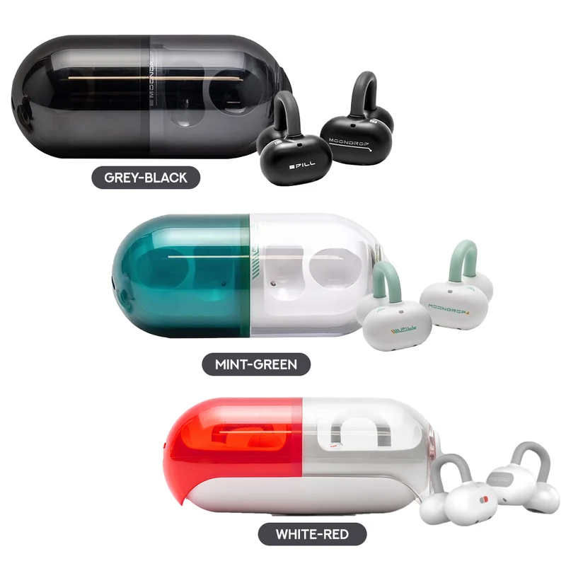 Moondrop Pill Open Ear Clip AI ENC HiFi Sound IPX4 OWS Ear-clip Earbuds (MD-OWS-003) (Grey-Black, Mint-Green, White-Red)