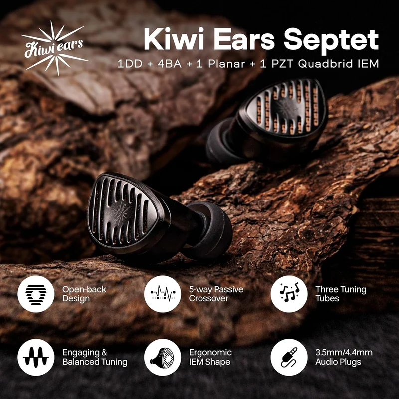 Kiwi Ears Septet 1DD + 4BA + 1 Planar + 1 PZT Quadbrid In-Ear Monitor, with Balance and Engaging Tuning, 3.5mm/4.4mm Modular Cable (Grey)