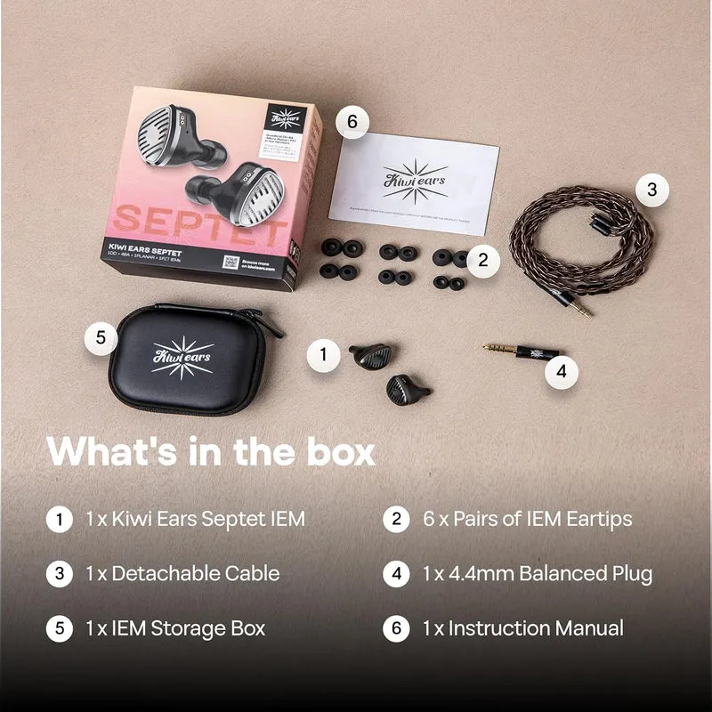 Kiwi Ears Septet 1DD + 4BA + 1 Planar + 1 PZT Quadbrid In-Ear Monitor, with Balance and Engaging Tuning, 3.5mm/4.4mm Modular Cable (Grey)