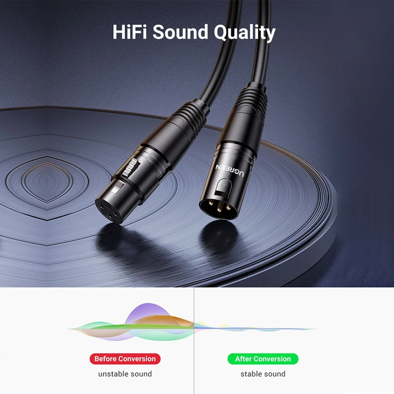 Ugreen Cannon Male to Female Microphone Extension Audio Cable - Black (3M, 5M) (AV130/20711, AV130/20712)