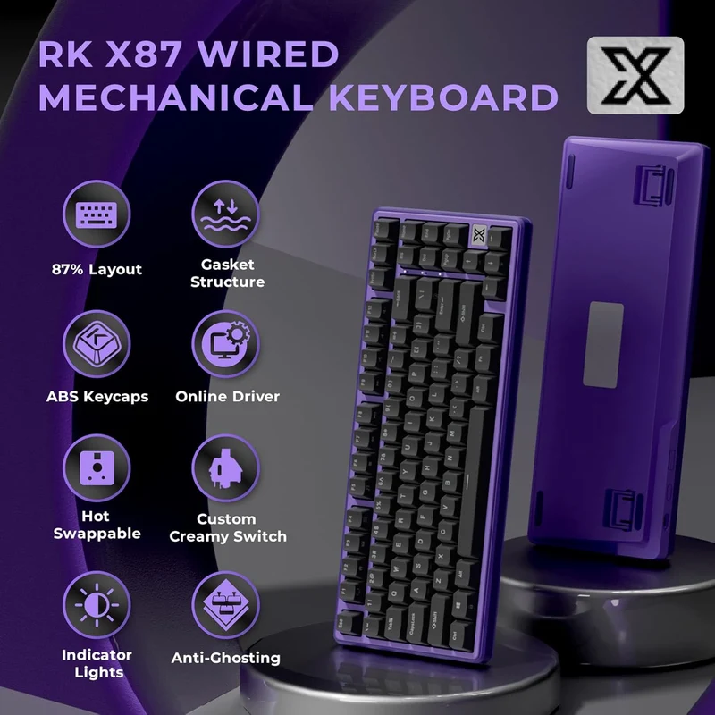 Royal Kludge RK X87 Single-Mode RGB 86 Keys Hot Swappable Mechanical Keyboard Blackberry Mousse (Creamy Switch, Snowfall Switch)