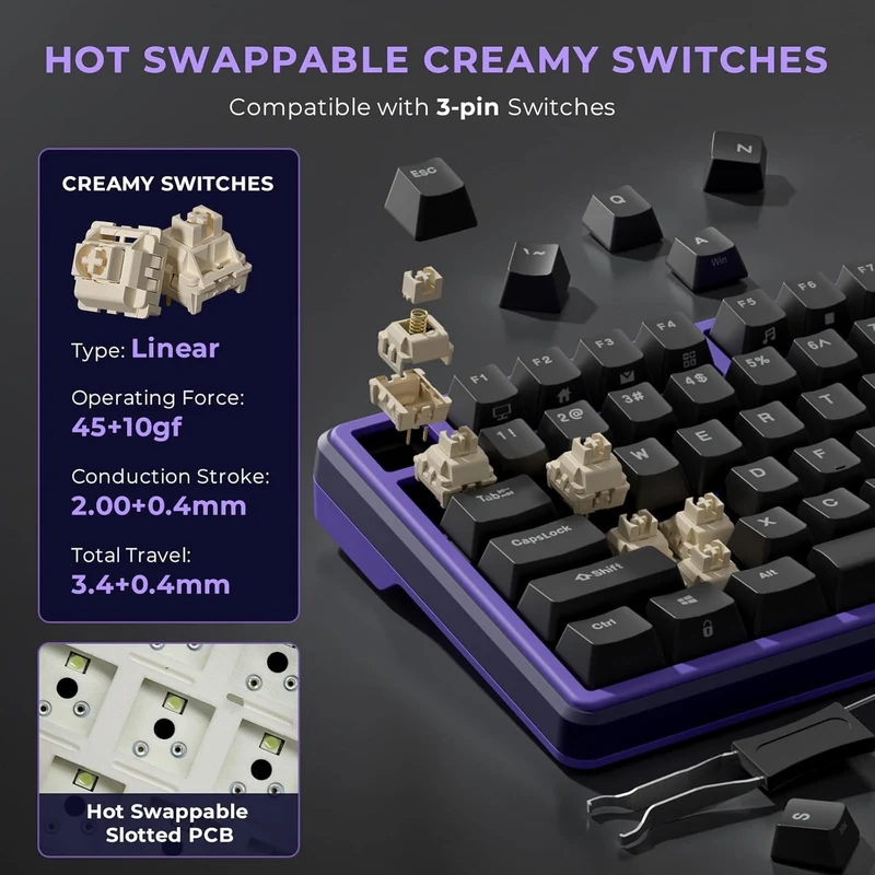 Royal Kludge RK X87 Single-Mode RGB 86 Keys Hot Swappable Mechanical Keyboard Blackberry Mousse (Creamy Switch, Snowfall Switch)