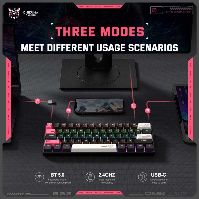 Onikuma MT605 Tri-Mode RGB 61 Keys Mechanical Keyboard (Black) (Red Axis)