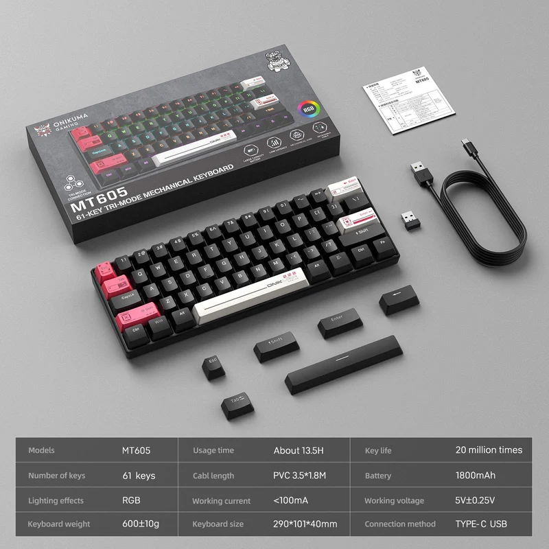 Onikuma MT605 Tri-Mode RGB 61 Keys Mechanical Keyboard (Black) (Red Axis)
