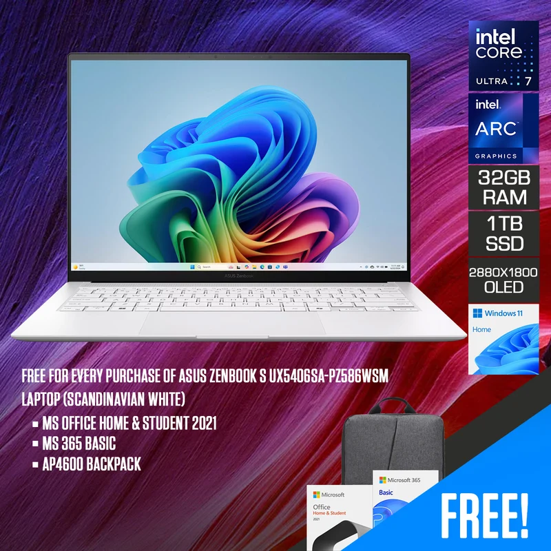 Asus Zenbook S UX5406SA-PZ586WSM Laptop (Scandinavian White) | 14" 3K (2880x1800) OLED | Ultra 7 258V | 32GB RAM | 1TB SSD | Intel Arc Graphics | Windows 11 Home + MS Office Home & Student 2021 + MS 365 Basic + AP4600 Backpack