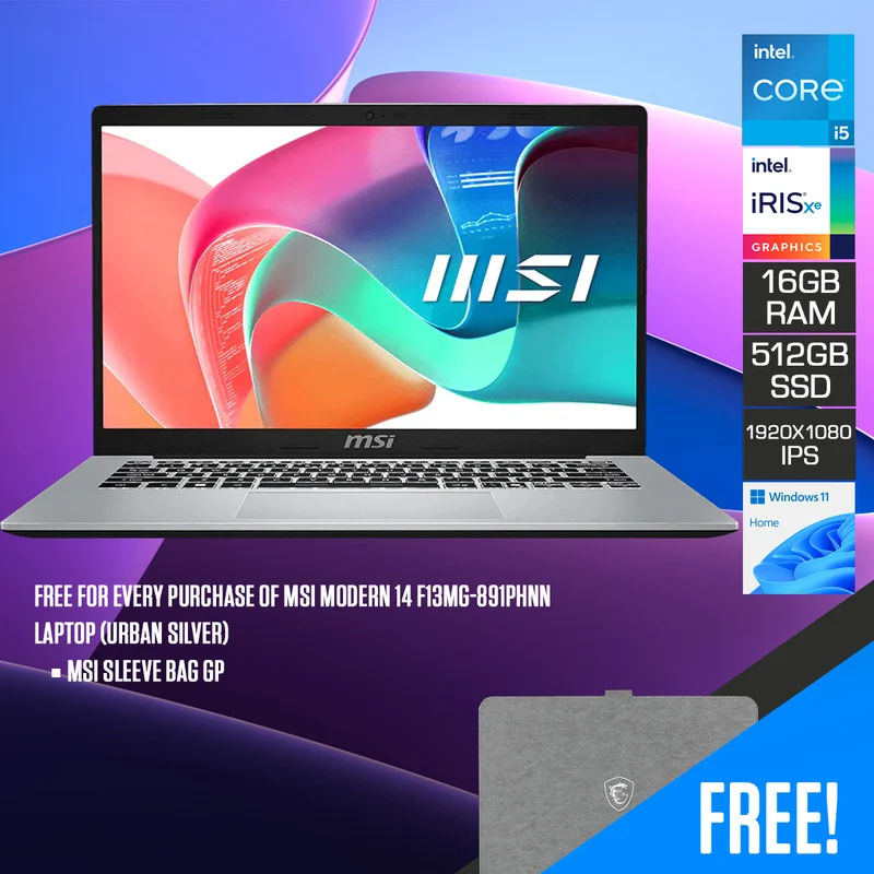 MSI Modern 14 F13MG-891PHNN Laptop (Urban Silver) | 14" FHD (1920x1080) IPS | Core i5-1334U | 16GB RAM | 512GB SSD | Intel Iris Xe | Windows 11 Home | MSI Sleeve Bag GP