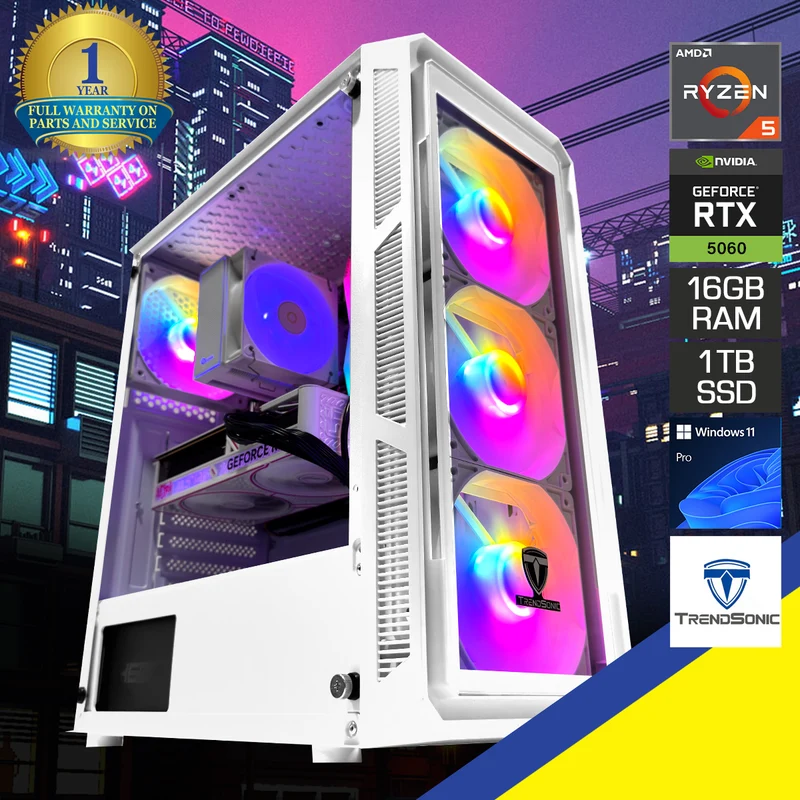 Sigma Hermes White Desktop Gaming PC | AMD Ryzen 5 7500F | 16GB (2x8GB) RAM | 1TB SSD | RTX 5060 | Windows 11 Pro