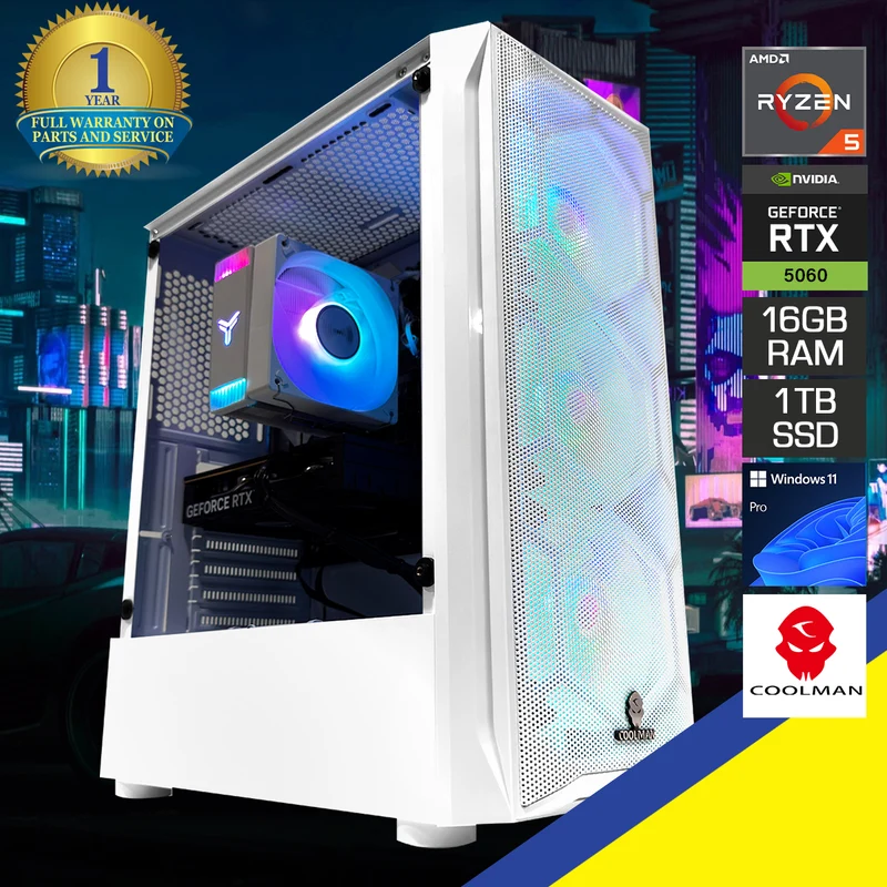 Sigma Aurora White Desktop Gaming PC | AMD Ryzen 5 7500F | 16GB (2x8GB) RAM | 1TB SSD | RTX 5060 | Windows 11 Pro