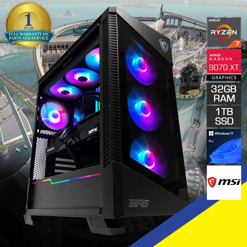 Optima Velox Black Desktop Gaming PC | AMD Ryzen 7 7800X3D | 32GB (2x16GB) RAM | 1TB SSD| RX 9070 XT | Windows 11 Pro