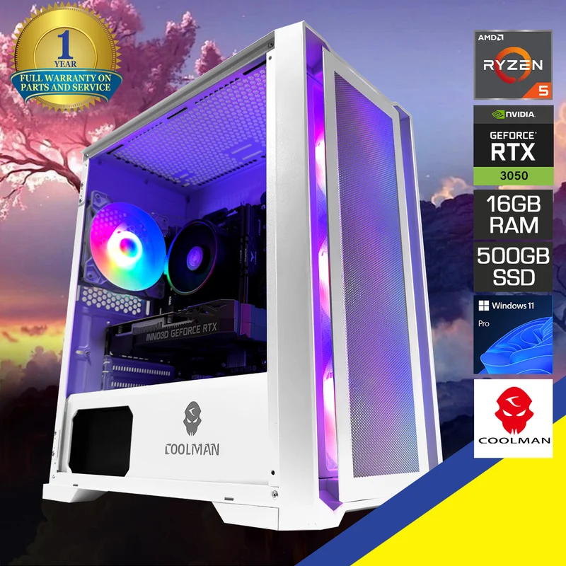 Alpha Ruby White Desktop Gaming PC | AMD Ryzen 5 5500 | 16GB (2x8GB) RAM | 500GB SSD | RTX 3050 | Windows 11 Pro