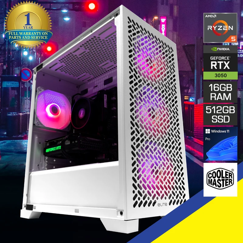 Alpha Master Elite White Desktop Gaming PC | AMD Ryzen 5 5500 | 16GB (2x8GB) RAM | 512GB SSD | RTX 3050 | Windows 11 Pro