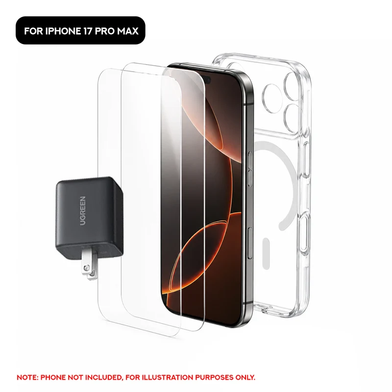 Ugreen 3-in-1 Accessory Kit for iPhone 17 Pro Max - 30W GaN Fast Charger, 2-Pack Tempered Glass Screen Protector, Protective Case (LP1009/85966)
