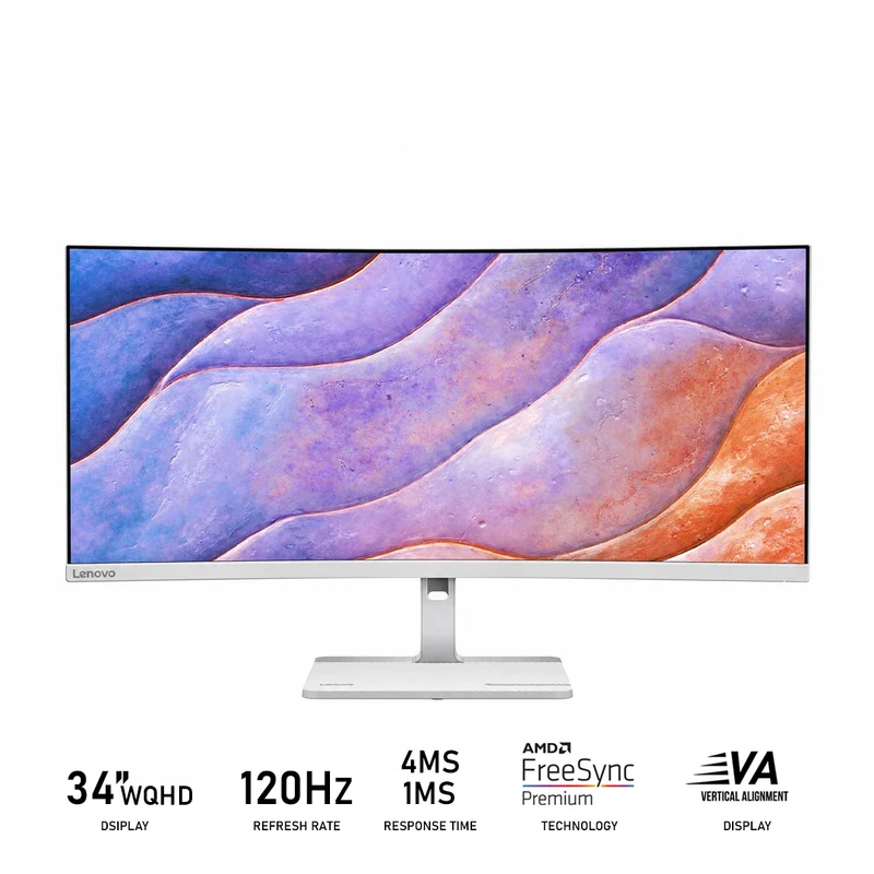 Lenovo L34W-4C 68F0GAC3PH 34" WQHD (3440x1440) 120Hz 1ms MPRT 4ms (Extreme Mode) VA Monitor with Tilt and Height Adjust Stand (Cloud Grey)