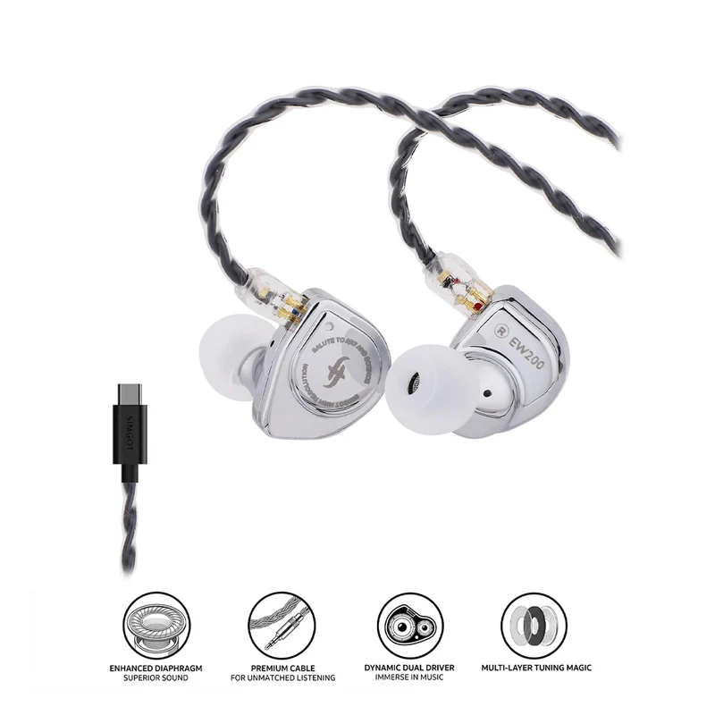 SIMGOT EW200 DSP 10mm SCP Diaphragm Dual-Magnetic-Circuit & Dual-Cavity Dynamic Driver In-Ear Earphones (Silver)