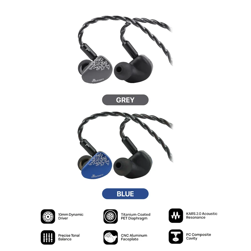 Kiwi Ears Cadenza II 10mm Titanium Driver Hi-Fi In-Ear Monitor with KARS 2.0, Precise Tonal Balance, CNC Aluminum Faceplate (Grey, Blue)