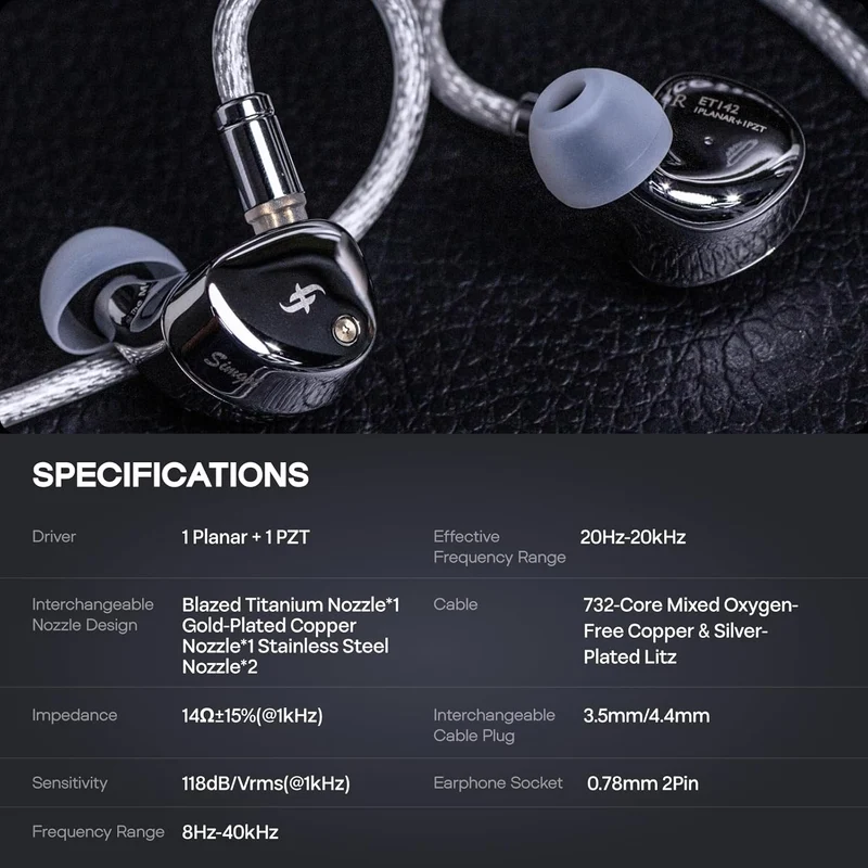 SIMGOT ET142 Advanced Dual-Symmetric Magnetic Planar & PZT In-Ear Monitor, with CNC Machined Alloy Shell, Replaceable Tuning Nozzles, Silver-Plated OFC Cable (Grey)