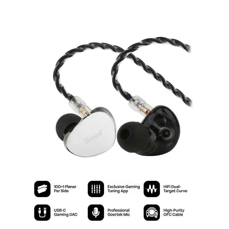 SIMGOT EG280 1DD + 1 Planar HiFi 1.7m Long Detachable 2Pin OFC Cable, with USB-C Adapter In-Ear Monitor for Gaming (Black)