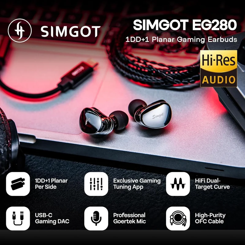 SIMGOT EG280 1DD + 1 Planar HiFi 1.7m Long Detachable 2Pin OFC Cable, with USB-C Adapter In-Ear Monitor for Gaming (Black)