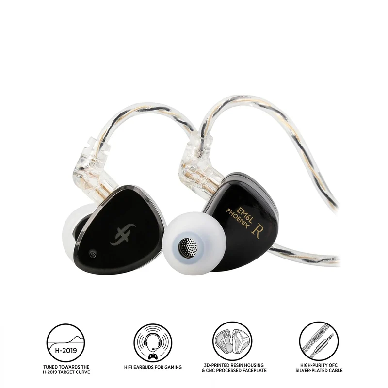 SIMGOT EM6L 1DD + 4BA Hybrid Driver, Detachable OFC Silver-Plated Cable in-Ear Monitor (Black)