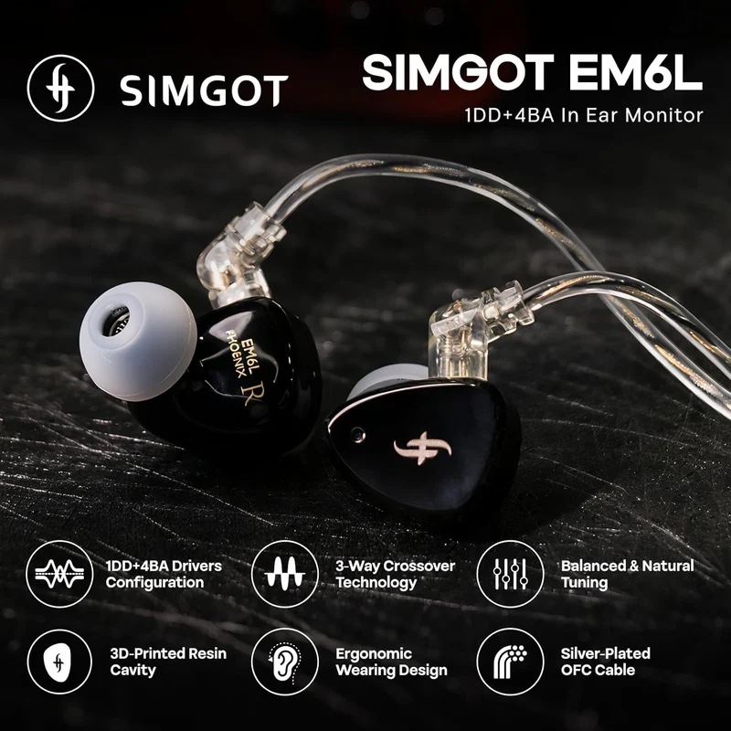 SIMGOT EM6L 1DD + 4BA Hybrid Driver, Detachable OFC Silver-Plated Cable in-Ear Monitor (Black)