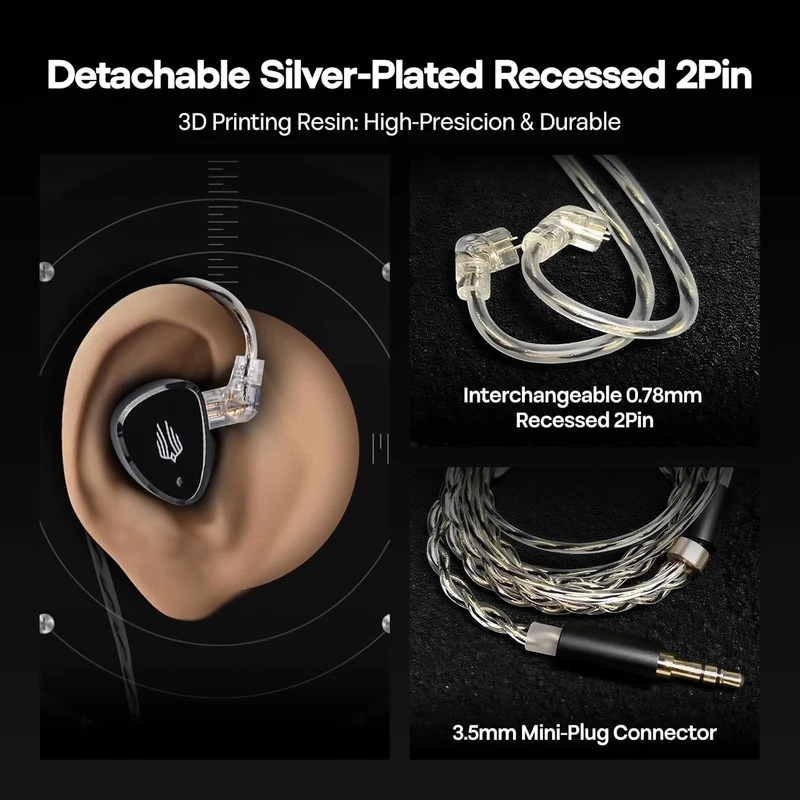 SIMGOT EM6L 1DD + 4BA Hybrid Driver, Detachable OFC Silver-Plated Cable in-Ear Monitor (Black)