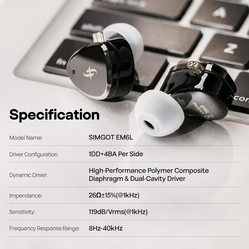 SIMGOT EM6L 1DD + 4BA Hybrid Driver, Detachable OFC Silver-Plated Cable in-Ear Monitor (Black)