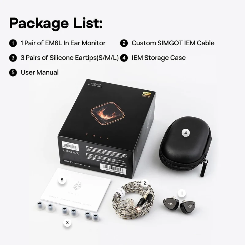 SIMGOT EM6L 1DD + 4BA Hybrid Driver, Detachable OFC Silver-Plated Cable in-Ear Monitor (Black)