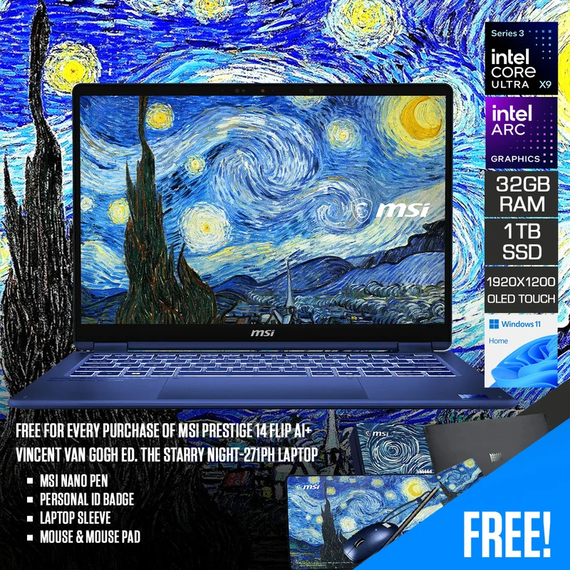 MSI Prestige 14 Flip AI+ Vincent van Gogh Ed. The Starry Night-271PH Laptop | 14" FHD+ (1920x1200) OLED Touch | Core Ultra X9 378H | 32GB RAM| 1TB SSD | Intel Arc Graphics| Win 11 Home | MS OH24+ Nano Pen+ ID Badge+ Sleeve+ Mouse + Mousepad