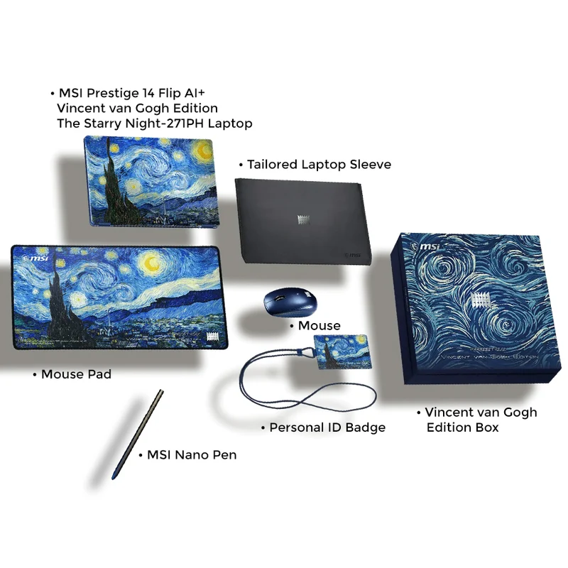 MSI Prestige 14 Flip AI+ Vincent van Gogh Ed. The Starry Night-271PH Laptop | 14" FHD+ (1920x1200) OLED Touch | Core Ultra X9 378H | 32GB RAM| 1TB SSD | Intel Arc Graphics| Win 11 Home | MS OH24+ Nano Pen+ ID Badge+ Sleeve+ Mouse + Mousepad