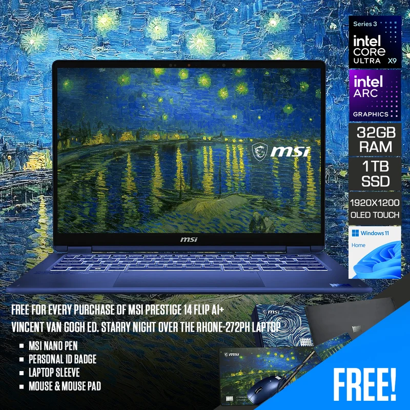 MSI Prestige 14 Flip AI+ Vincent van Gogh Ed. Starry Night Over The Rhone-272PH Laptop | 14" FHD+ (1920x1200) OLED Touch | Core Ultra X9 378H | 32GB RAM | 1TB SSD| Intel Arc Graphics |Win 11 Home | MS OH24 +Nano Pen+ ID Badge+ Sleeve+ Mouse + Mousepad
