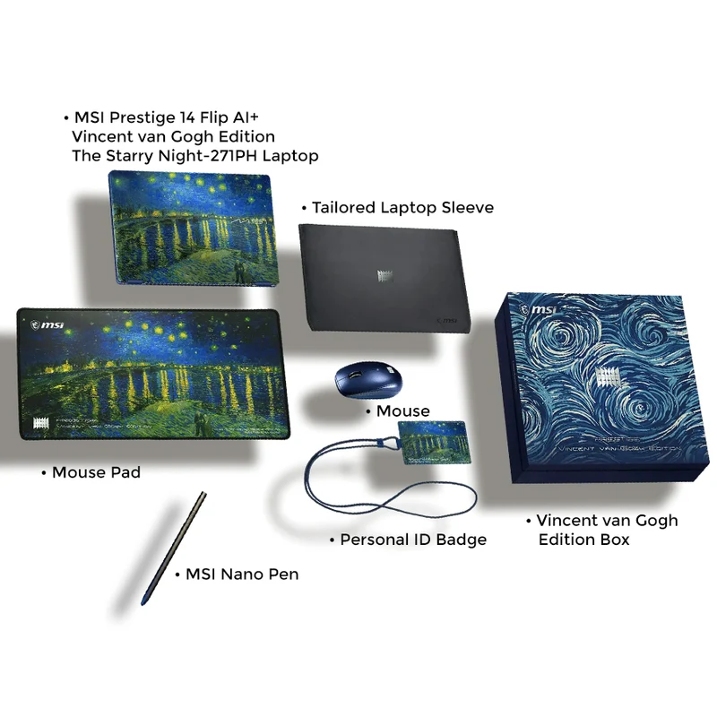 MSI Prestige 14 Flip AI+ Vincent van Gogh Ed. Starry Night Over The Rhone-272PH Laptop | 14" FHD+ (1920x1200) OLED Touch | Core Ultra X9 378H | 32GB RAM | 1TB SSD| Intel Arc Graphics |Win 11 Home | MS OH24 +Nano Pen+ ID Badge+ Sleeve+ Mouse + Mousepad