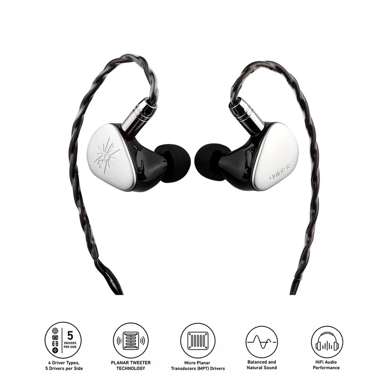 Kiwi Ears Quintet Hybrid In-Ear Monitor 1DD + 2BA + 1 Planar + 1 PZT with Detachable Silver-Plated OFC Cable, Metal Faceplate, 3D-Printed Resin Shell