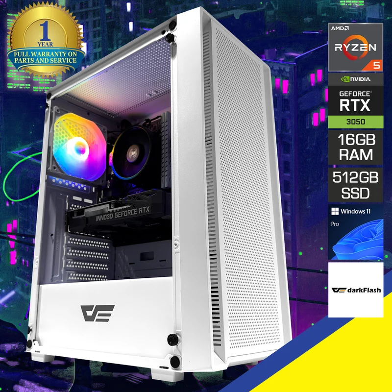 Alpha A305 TG White Desktop Gaming PC | AMD Ryzen 5 5500 | 16GB (2x8GB) RAM | 512GB SSD | RTX 3050 | Windows 11 Pro
