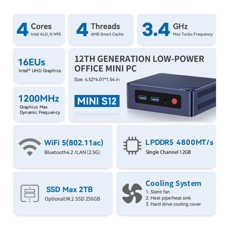 Beelink Mini S12-LP Intel N95 Processor 12GB RAM 480GB SSD Mini PC (Navy Blue)