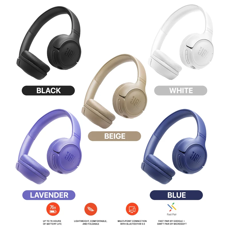 JBL TUNE 530BT Wireless On-Ear Headphones (Blue, Lavender, White, Black, Beige)