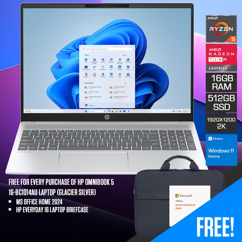 HP OmniBook 5 16-bc1014AU Laptop (Glacier Silver) | 16" 2K (1920x1200) IPS | Ryzen 5 8540U | 16GB RAM | 512GB SSD | AMD Radeon 740M Graphics | Windows 11 Home | MS Office Home 2024 + HP Everyday 16 Laptop Briefcase