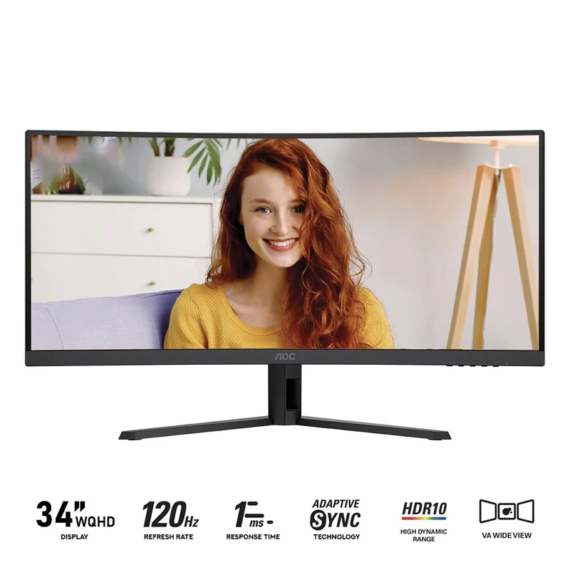 AOC CU34B3E/69 34" WQHD (3440x1440) 120Hz 4ms GtG / 1ms MPRT VA Curved Ultrawide Monitor with Tilt Adjustment (Black)