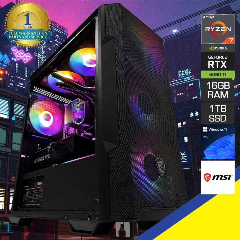 Aurora Forge M100A Black Desktop Gaming PC | AMD Ryzen 7 8700F | 16GB (2x8GB) RAM | 1TB SSD | RTX 5060 Ti | Windows 11 Pro
