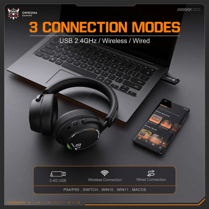 Onikuma GT886 Tri-Mode Gaming Headset (Black, Rose Red)