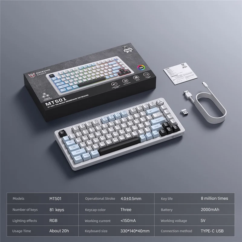 Onikuma MT501 81 Keys RGB Tri-Mode Membrane Keyboard (White)