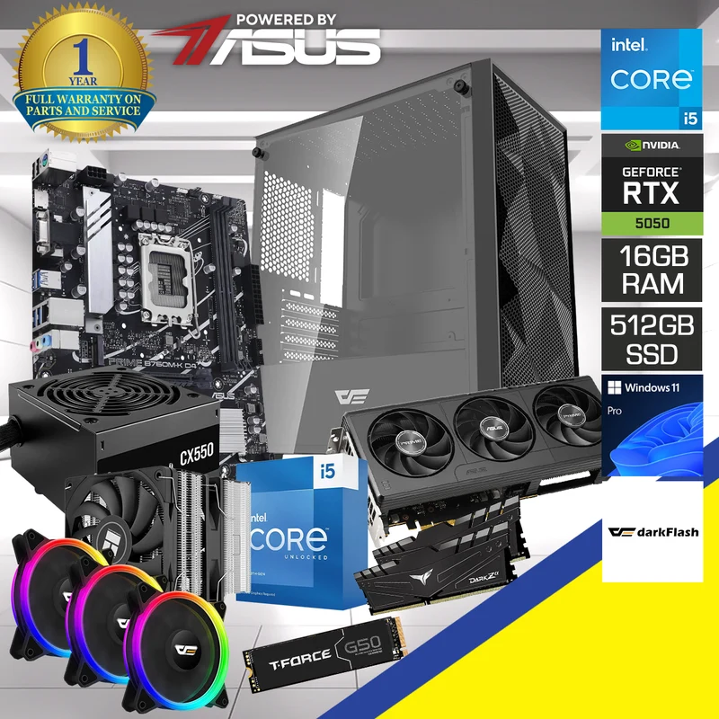 Powered by Asus: M305 Mesh Black Desktop Gaming PC | Intel Core i5-13600KF 13th Gen | 16GB (2X8GB) RAM | 512GB SSD | RTX 5050