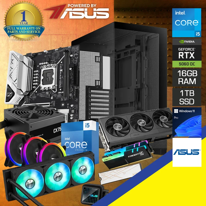 Powered by Asus: A31 Black Desktop Gaming PC | Intel Core i5-13600KF 13th Gen | 16GB RAM | 1TB SSD | RTX 5060 OC