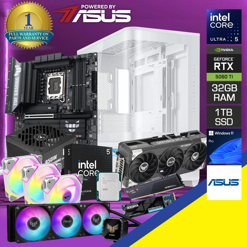 Powered by Asus : Prime AP202 White Desktop Gaming PC | Intel Core Ultra 5 245KF | 32GB RAM | 1TB SSD | RTX 5060 Ti