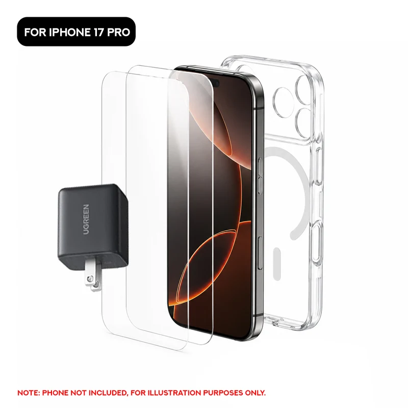Ugreen 3-in-1 Accessory Kit for iPhone 17 Pro - 30W GaN Fast Charger, 2-Pack Tempered Glass Screen Protector, Protective Case (LP1008/85638)